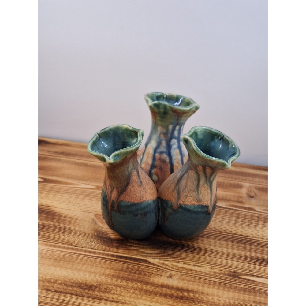 Ash Glaze Studio Pottery Drip Design 3‎ Cluster Vase Signed F.Z